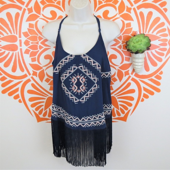 A'Reve Tops - Navy Blue Embroidered Tank Top with Fringe M